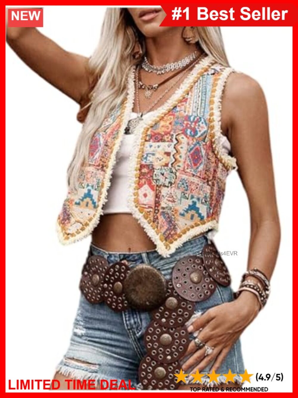 Boho Fringe Cropped Vest Open Front Sleeveless V-Neck Embroidered